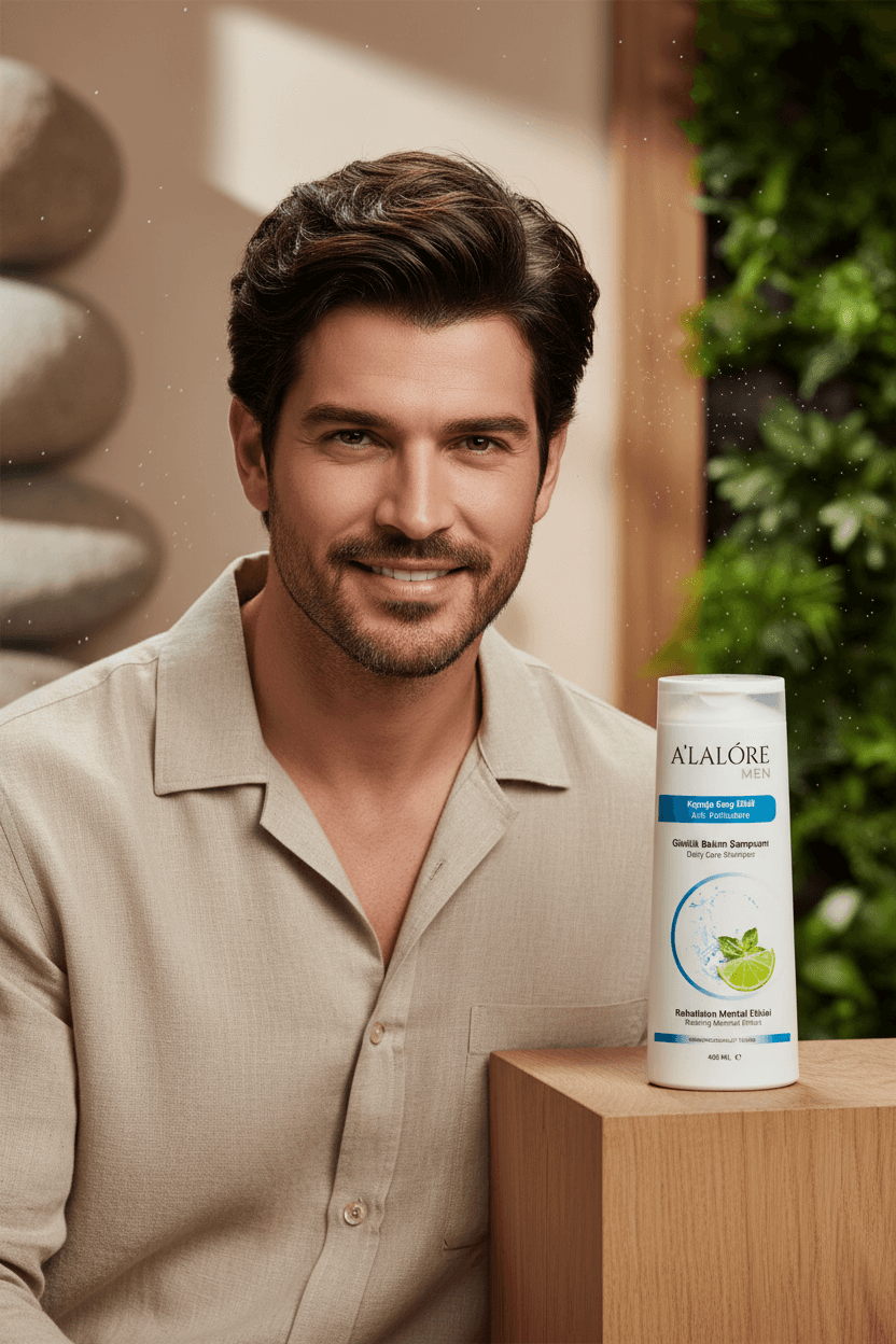 Alalore kepe karşıtı şampuan ve gülümseyen erkek modeli doğal arka planda