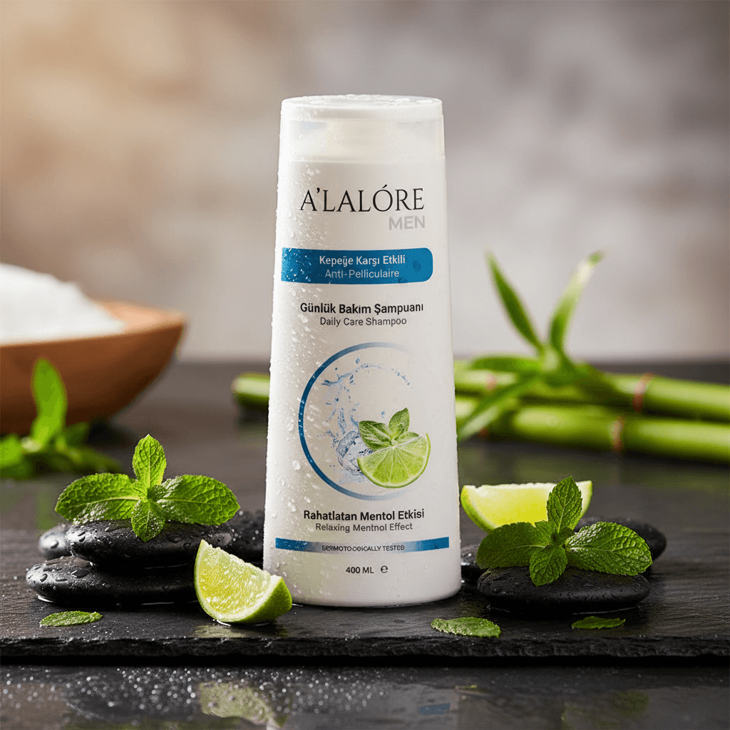 Alalore Men kepe karşı etkili günlük bakım şampuanı mentol etkisi ve taze lime aroması ile