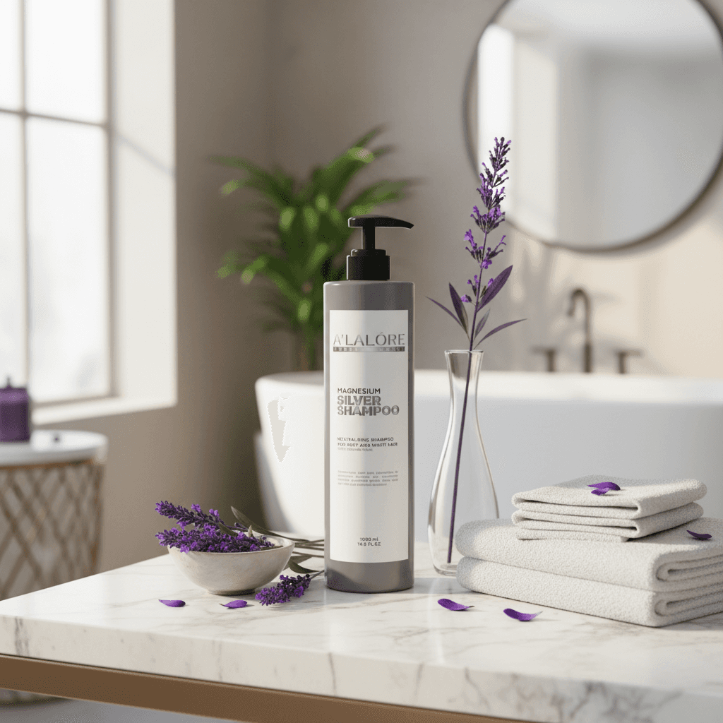 Alalore markalı modern banyoda mor şampuan içeren şişe, lavanta çiçekleri ve katlanmış havlular