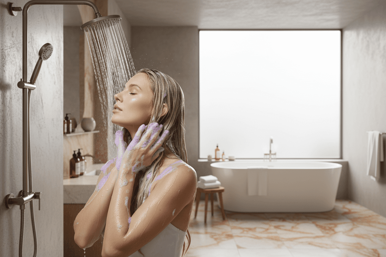 Alalore markalı mor şampuan kullanarak duşta saçlarını yıkayan genç kadın