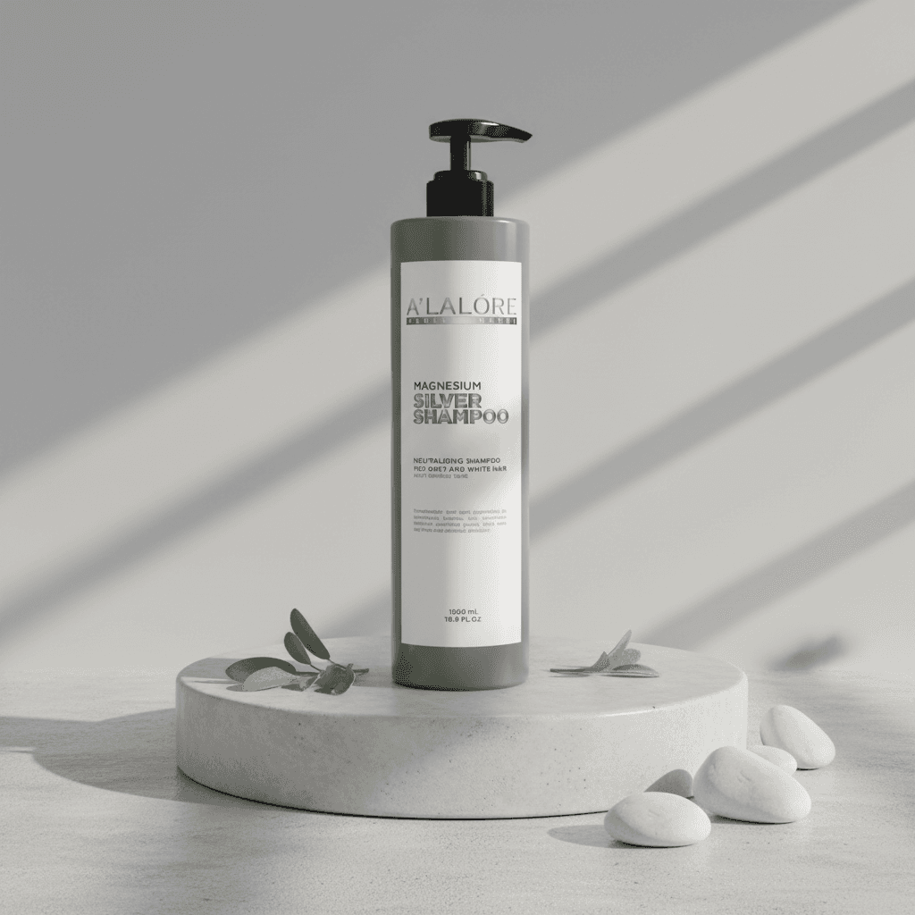 Alalore markasına ait mor şampuan şişesi beyaz ve gri platform üzerinde doğal taşlar ve yapraklarla