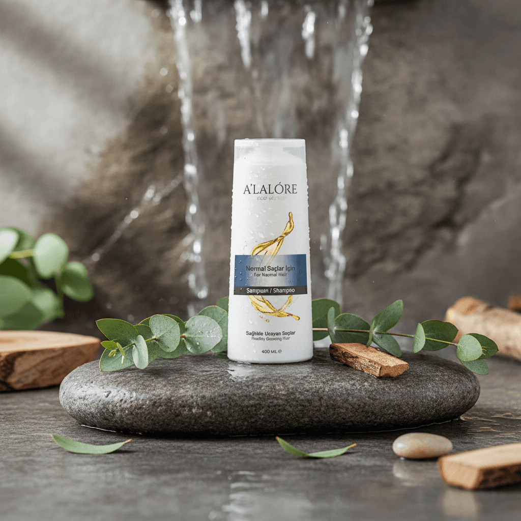 Alalore markalı doğal içerikli şampuan şişesi taş platform üzerinde yeşil yaprak dekoruyla