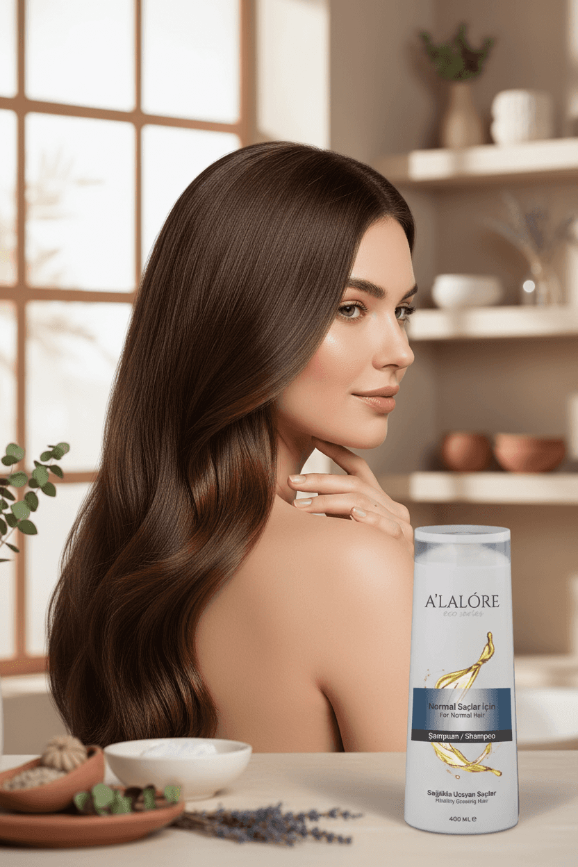 Alalore markalı şampuan şişesi ve uzun parlak kahverengi saçlara sahip kadın