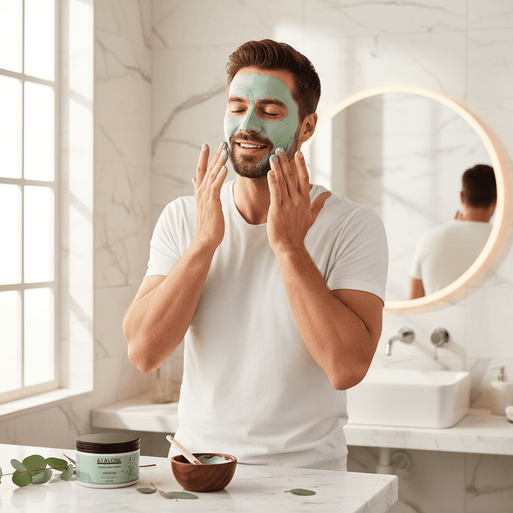 Alalore okaliptüs özlü kil maskesi uygulayan mutlu erkek banyoda cilt bakımı yapıyor