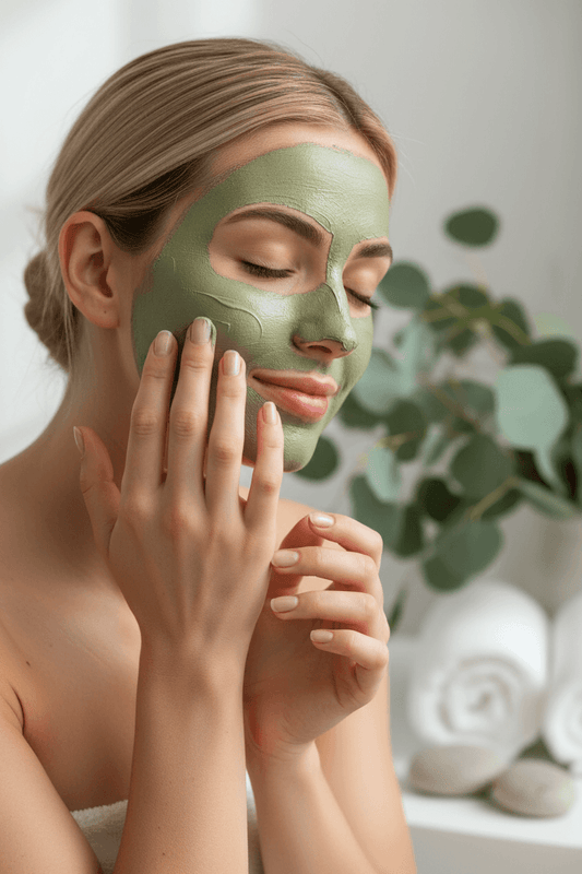 Alalore okaliptüs özlü kil maskesi uygulayan yüzü yeşil maskeli genç kadın