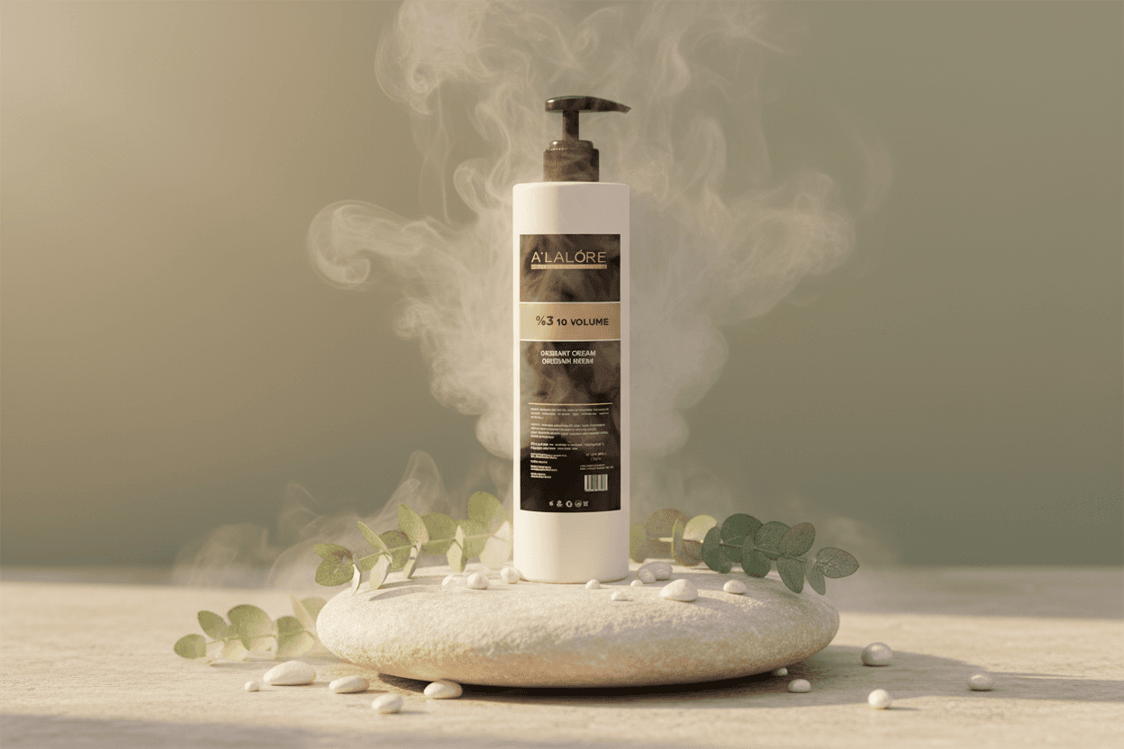 Alalore marka oksidan krem 3 içeren beyaz şişe doğal dekoratif taş üzerinde