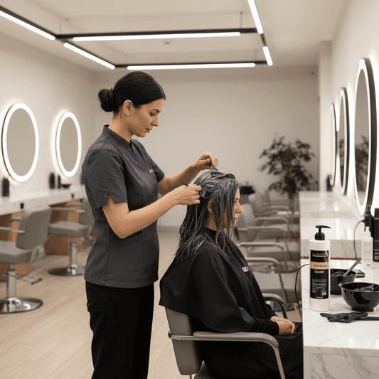 Alalore oksidan krem 3 ile saç rengi açma işlemi yapılan modern kuaför salonu