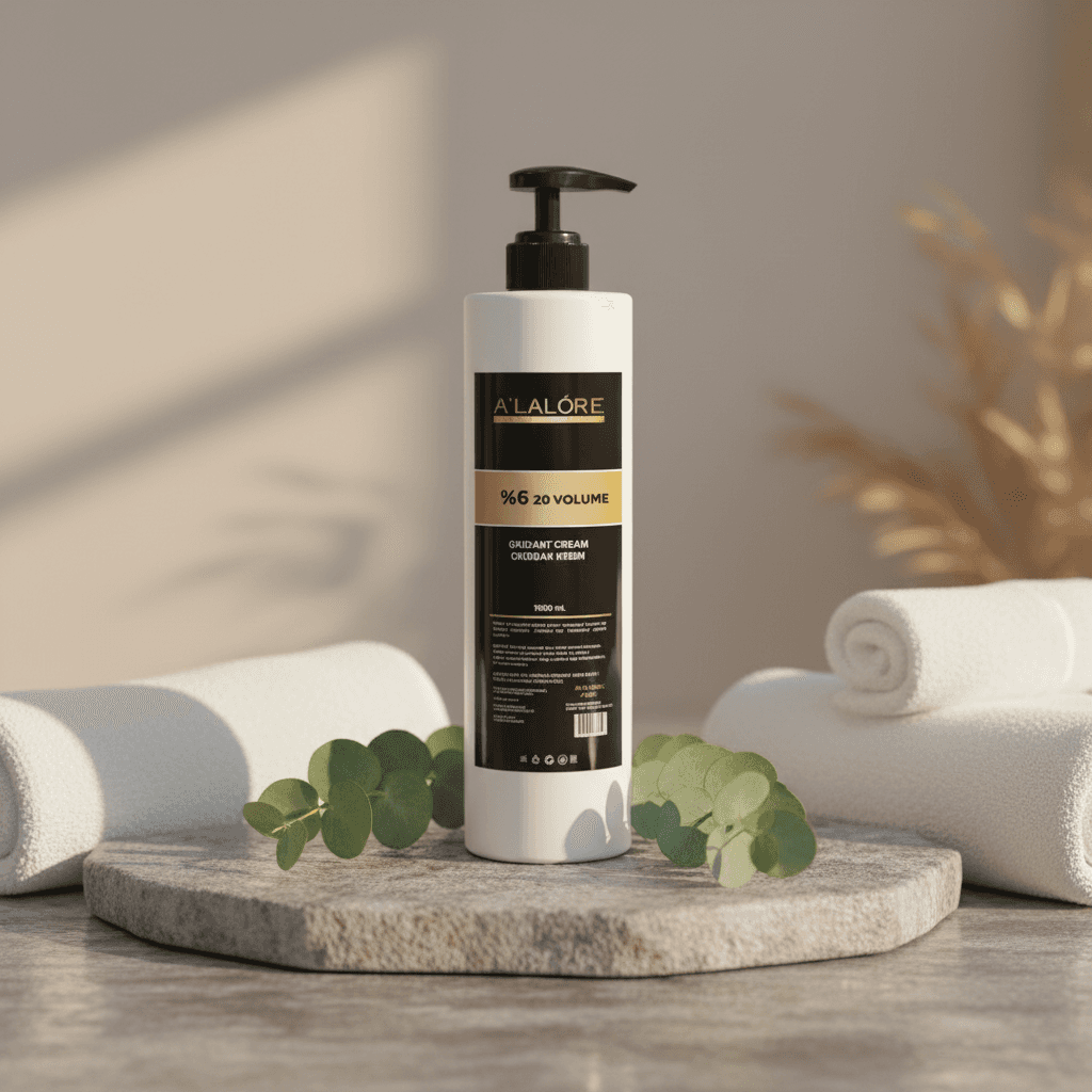 Alalore marka oksidan krem siyah ve altın renkli pompalı şişede beyaz havlular ve yeşil yapraklarla dekorlu