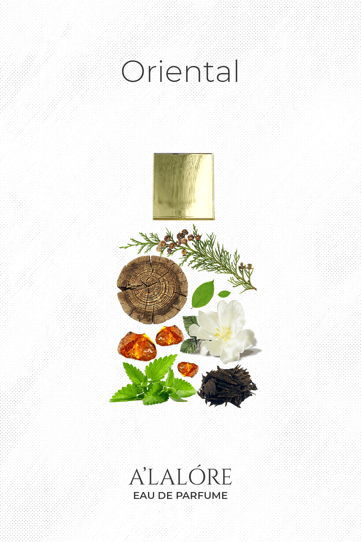 A'LALÓRE marka oriental kadın parfümü şişesi ve doğal aromatik bileşenler
