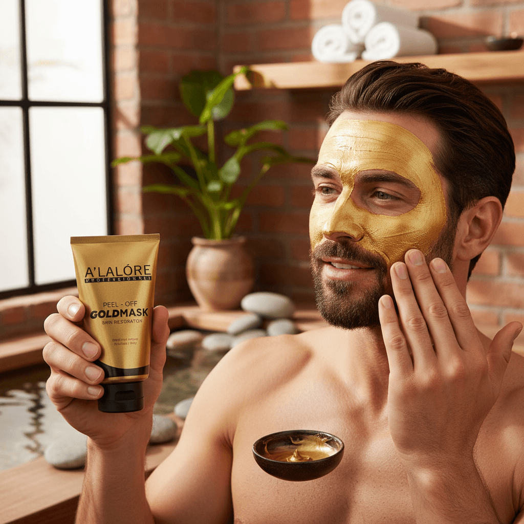 Alalore altın renkli peel-off yüz maskesi uygulayan erkek spa ortamında