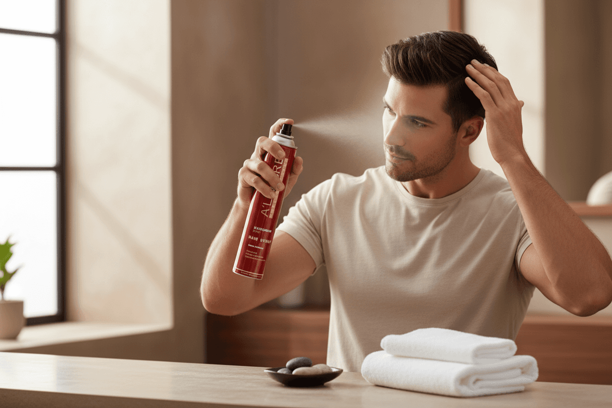 Alalore saç spreyi güçlü tutucu ultra sert erkek modeli saçına sprey uyguluyor