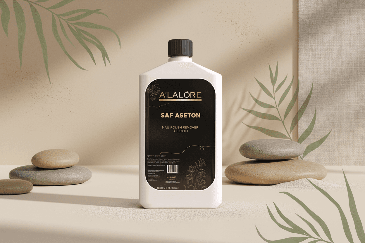 Alalore markası saf aseton 1000 ml beyaz şişede doğal taşlar ve yapraklarla dekoratif ortamda