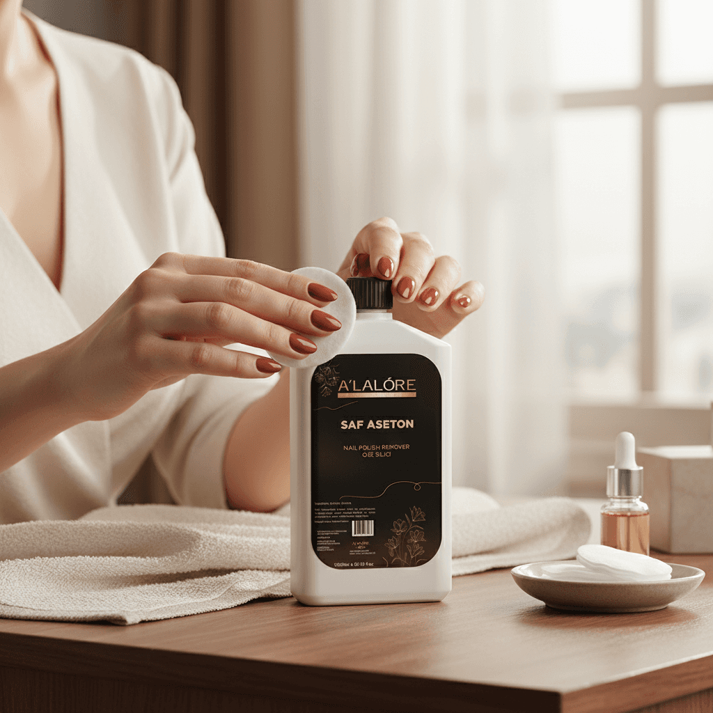 Alalore marka saf aseton 1000 ml beyaz şişede, kadın elleriyle kullanımda