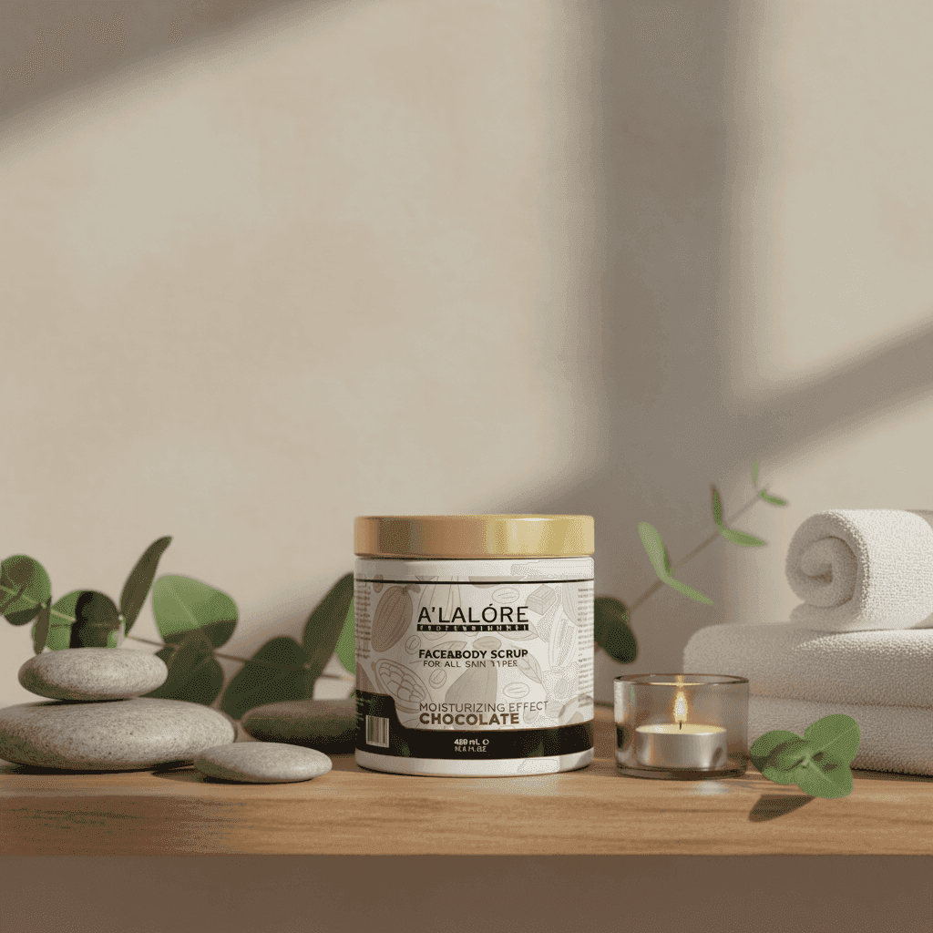 Alalore marka nemlendirici etkili çikolatalı scrub maske kavanozu spa taşları ve havlularla