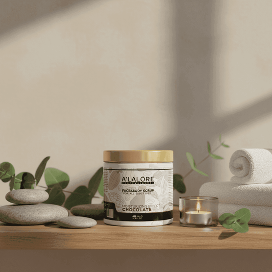 Alalore marka nemlendirici etkili çikolatalı scrub maske kavanozu spa taşları ve havlularla