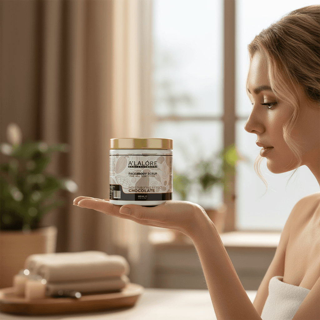 Alalore marka çikolata özlü scrub maske kavanozunu tutan genç kadın profili