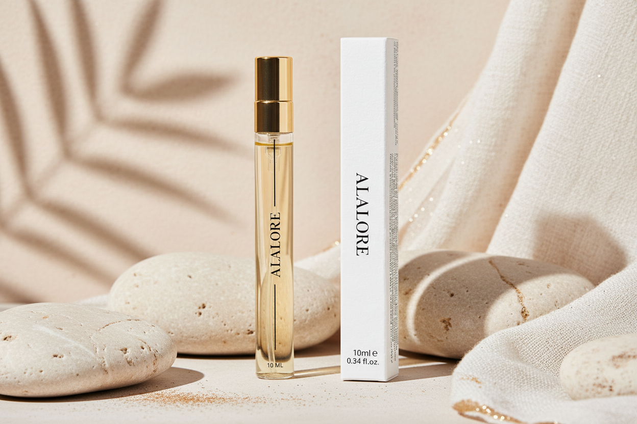 A'LALÓRE marka seyehat boy parfum şişesi ve kutusu doğal taşlar ve kumaş üzerinde