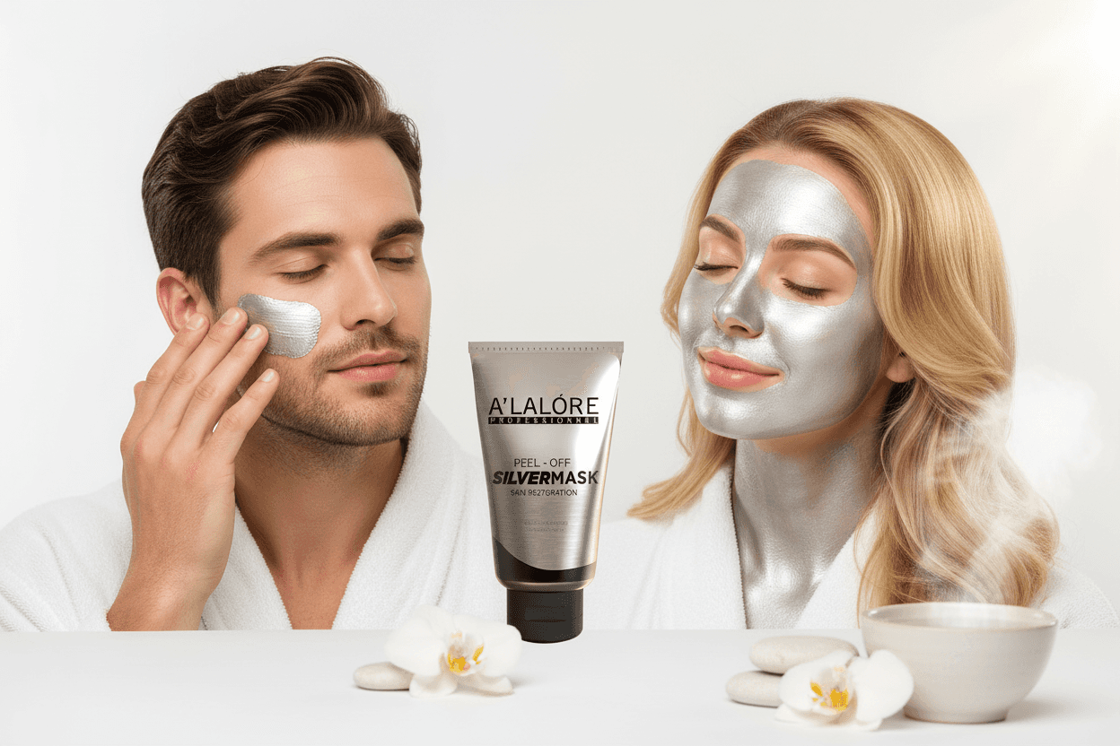 Alalore markalı soyulabilen gümüş maske kullanan erkek ve kadın yüz bakımı yapıyor