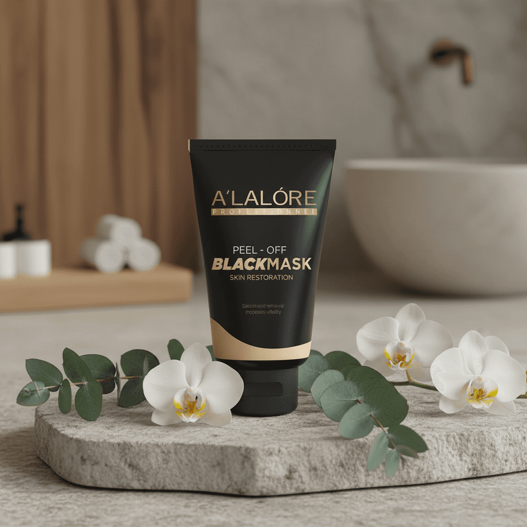 Alalore marka soyulan siyah maske ürünü beyaz orkide ve yeşil yapraklarla dekoratif taş yüzeyde