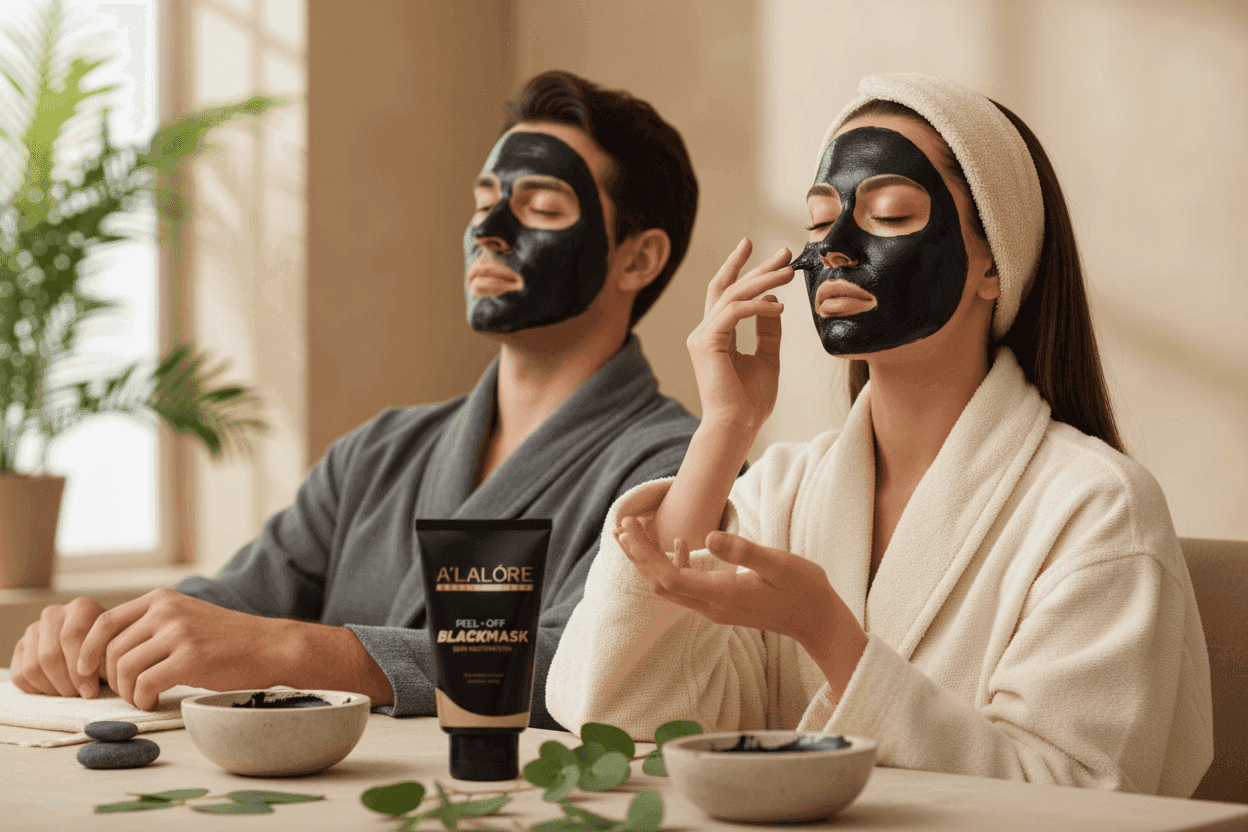 Alalore marka soyulan siyah maske kullanan erkek ve kadın evde spa keyfi yapıyor