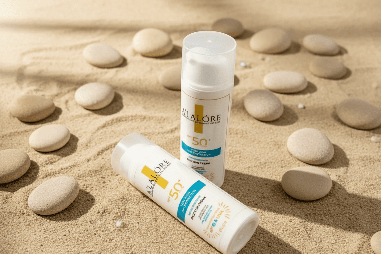 Alalore markalı SPF 50+ güneş kremi şişeleri kum ve taşlar arasında güneş koruması için