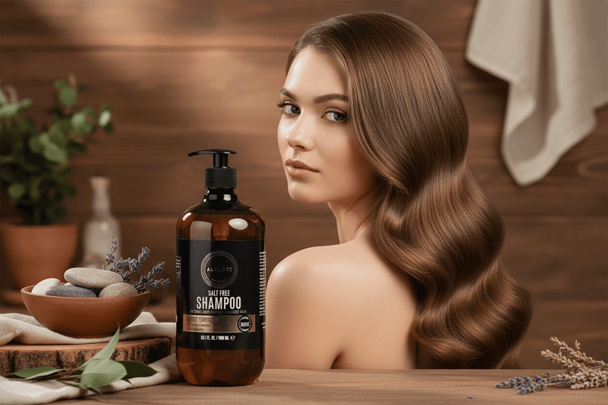Alalore markalı tuzsuz şampuan doğal bakım sunan, parlak ve sağlıklı dalgalı saçlı kadın