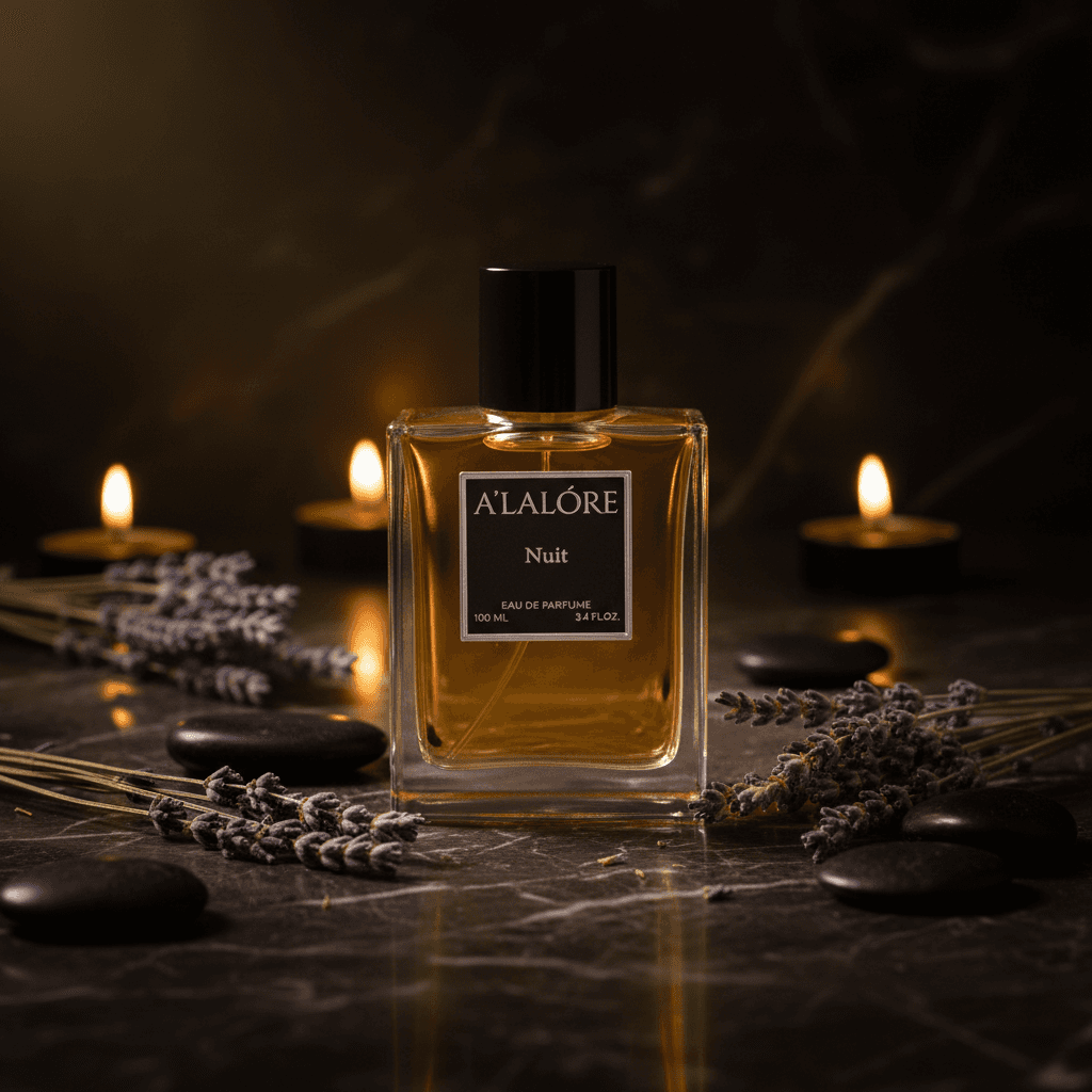 Alalore markalı 100 ml unisex parfüm şişesi lavanta ve mum dekoruyla birlikte