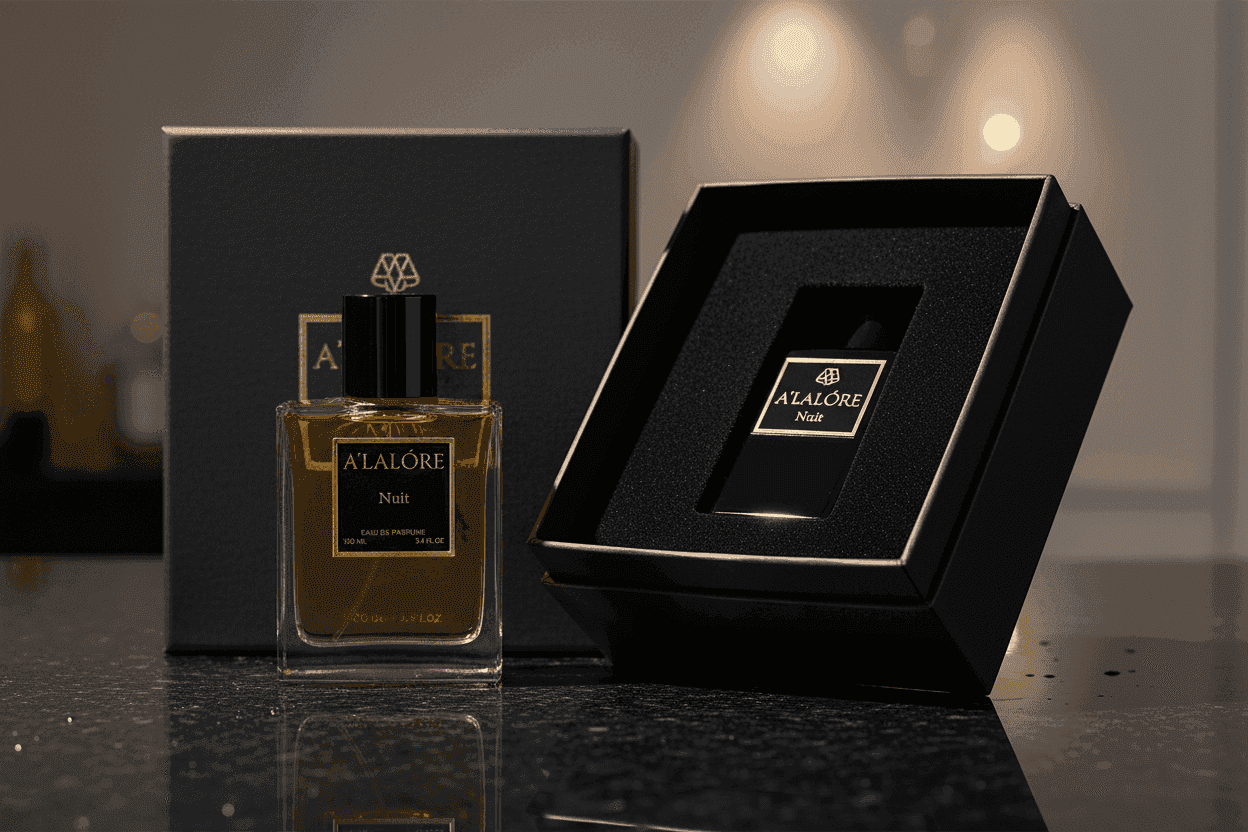Alalore markasına ait unisex parfüm 100 ml şeffaf cam şişede siyah ve altın kutusuyla