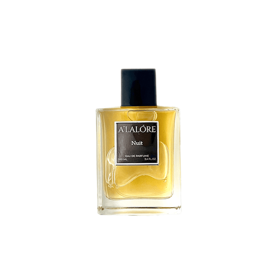 A'LALÓRE markalı unisex parfüm 100 ml şeffaf cam şişede siyah kapaklı