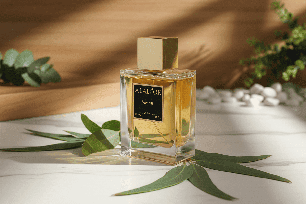 Alalore marka unisex parfüm 100 ml şeffaf cam şişede altın kapaklı