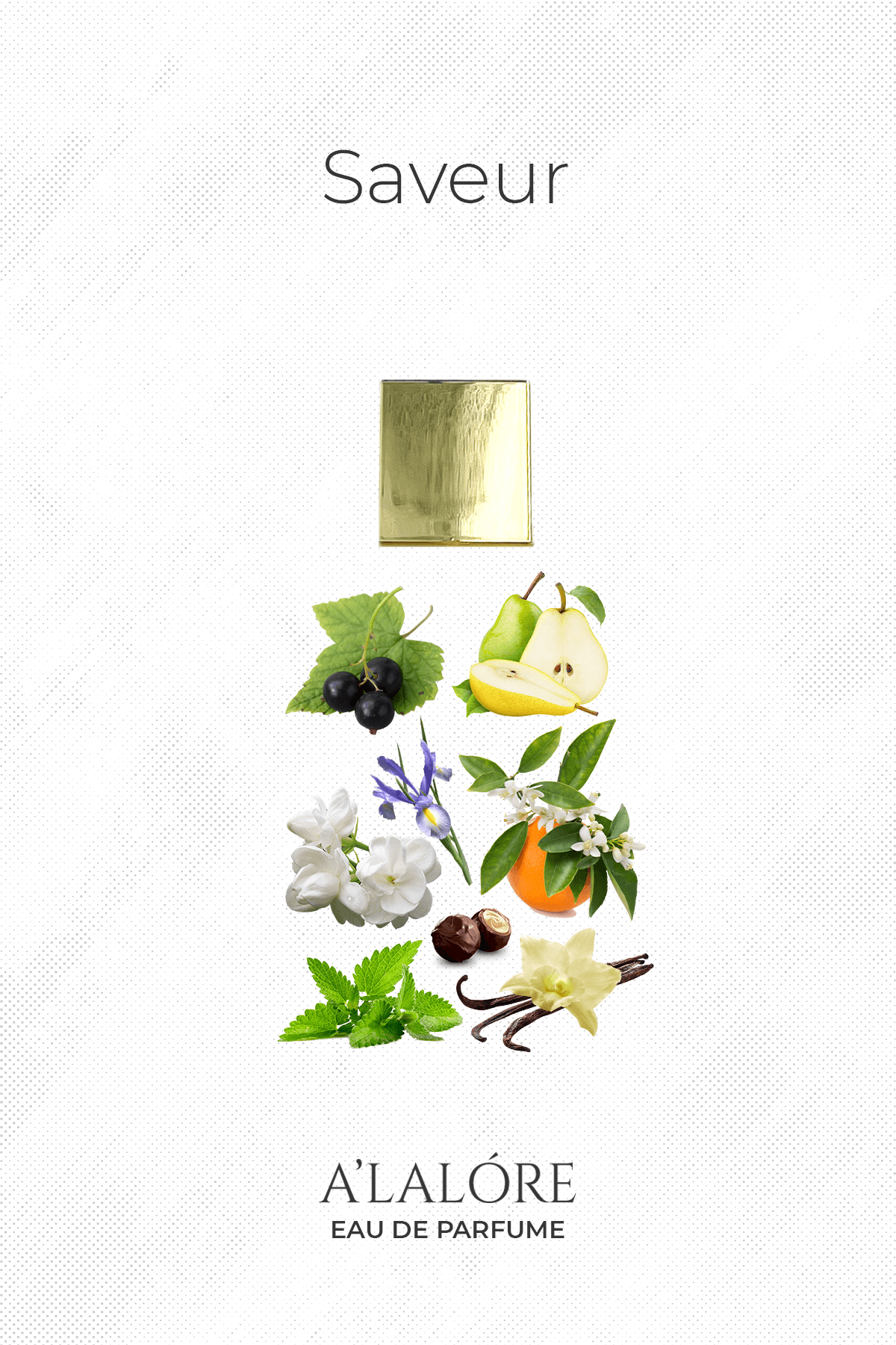 A'LALÓRE Saveur unisex parfüm önerileri için meyve ve çiçek aromalı şık şişe tasarımı