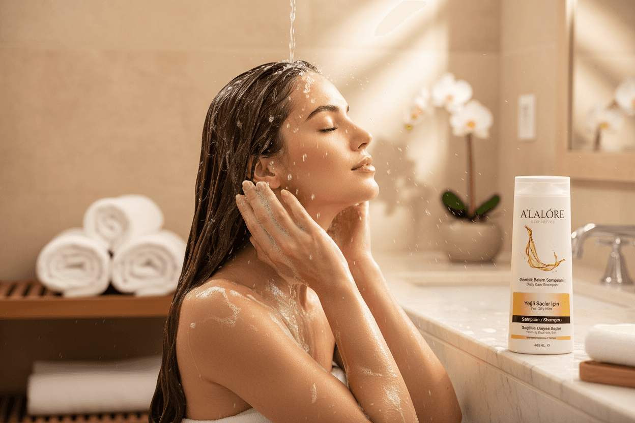 Alalore yağlı saçlar için şampuan kullanarak duşta saçlarını yıkayan kadın