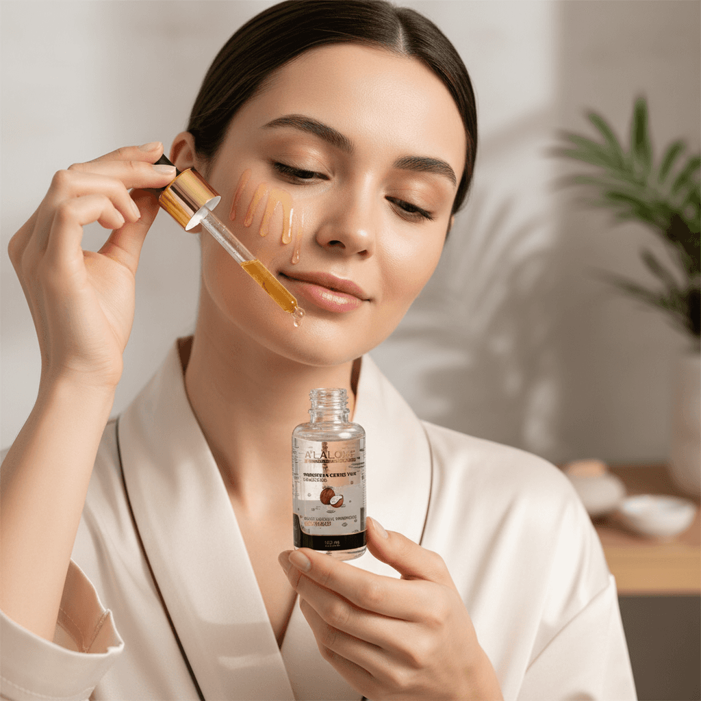 Alalore marka hindistan cevizi ya içeren saç bakım yağı kullanan kadın