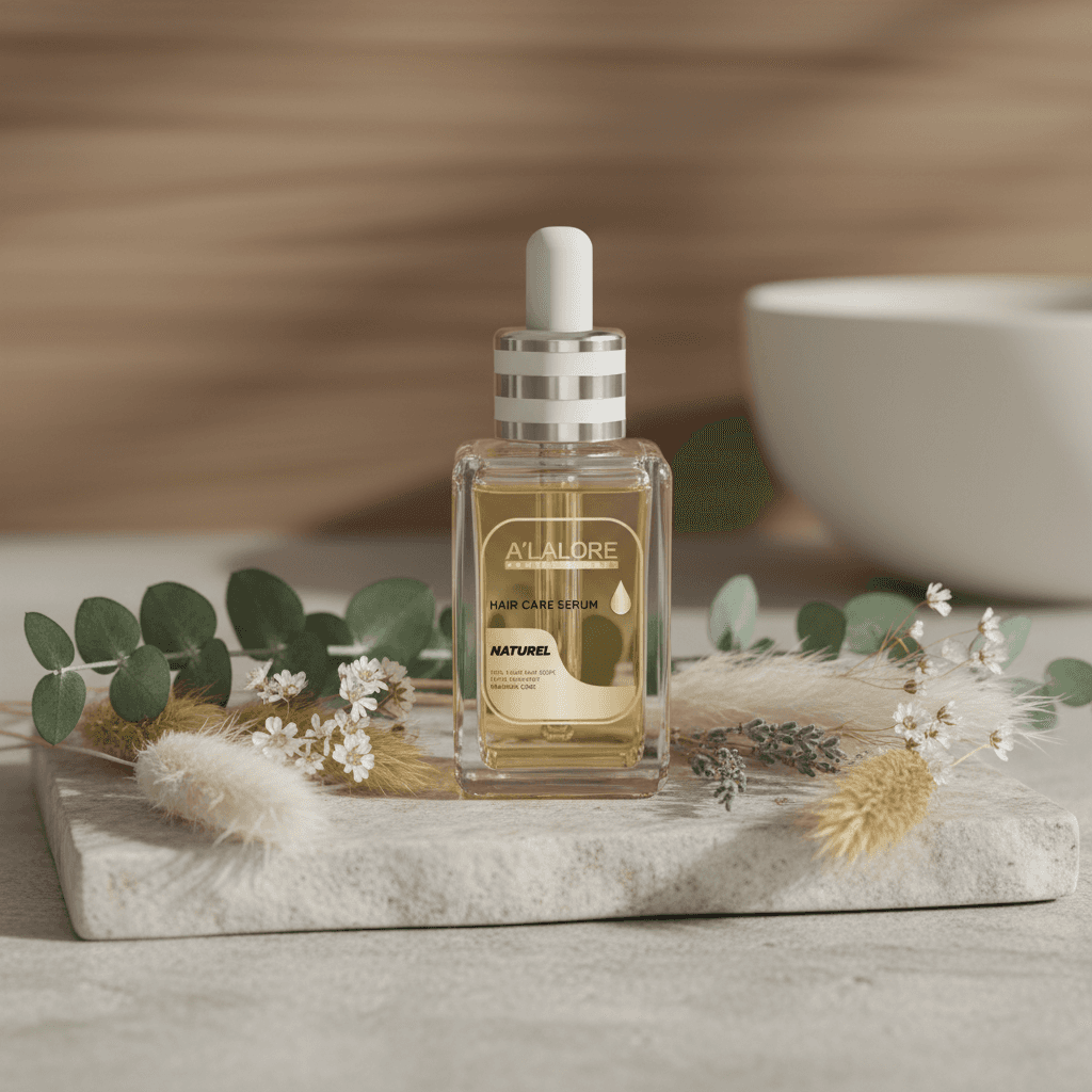 Alalore saç serumu doğal içeriklerle şeffaf damlalıklı şişede dekoratif kuru çiçeklerle birlikte