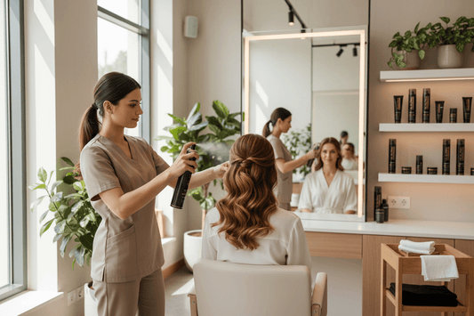 Alalore profesyonel saç spreyi 400ml kullanılarak kuaförde saç şekillendiren kadın uzman