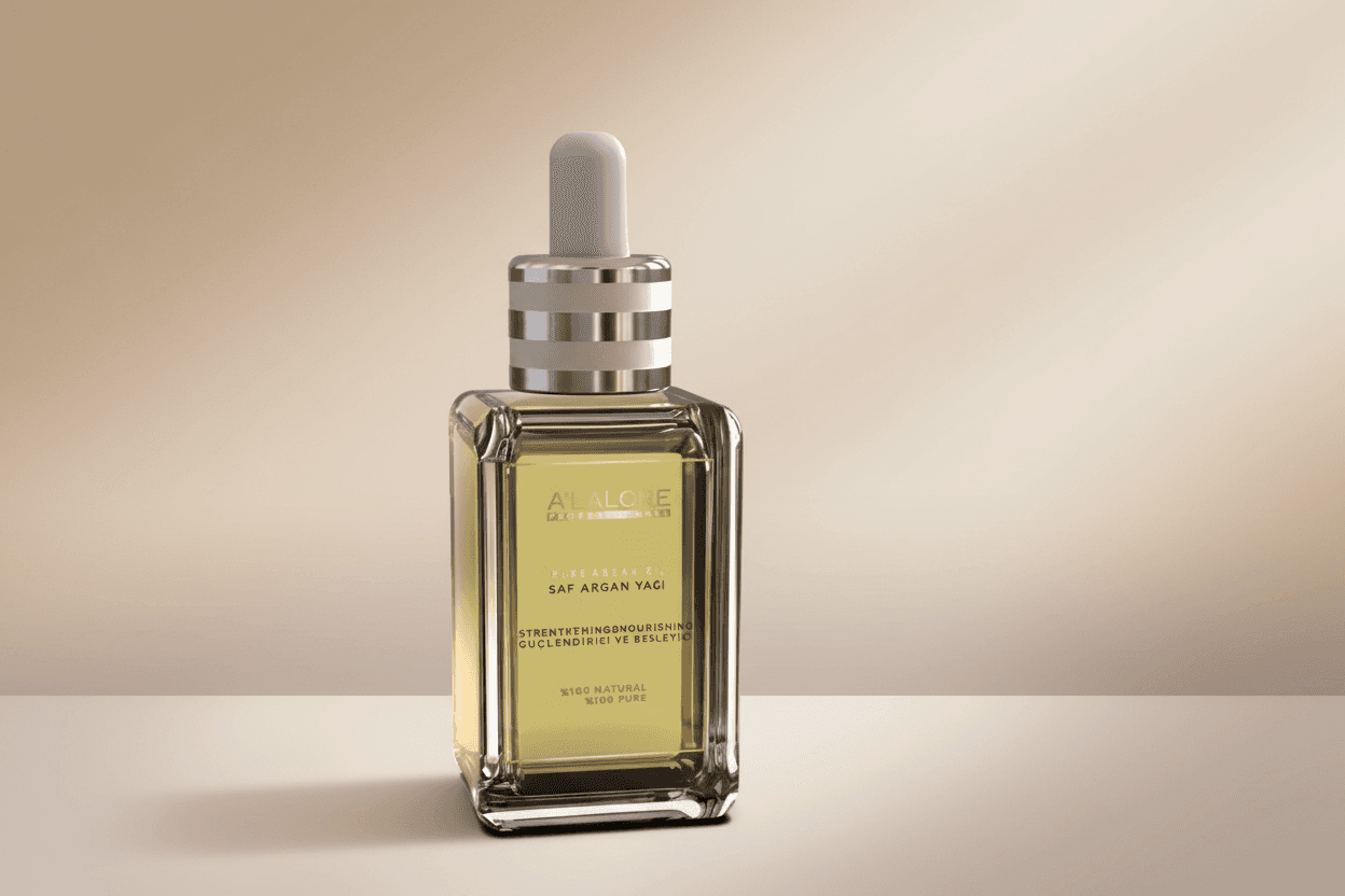 Alalore markalı argan içerikli saç bakım yağı şişesi nötr arka planda
