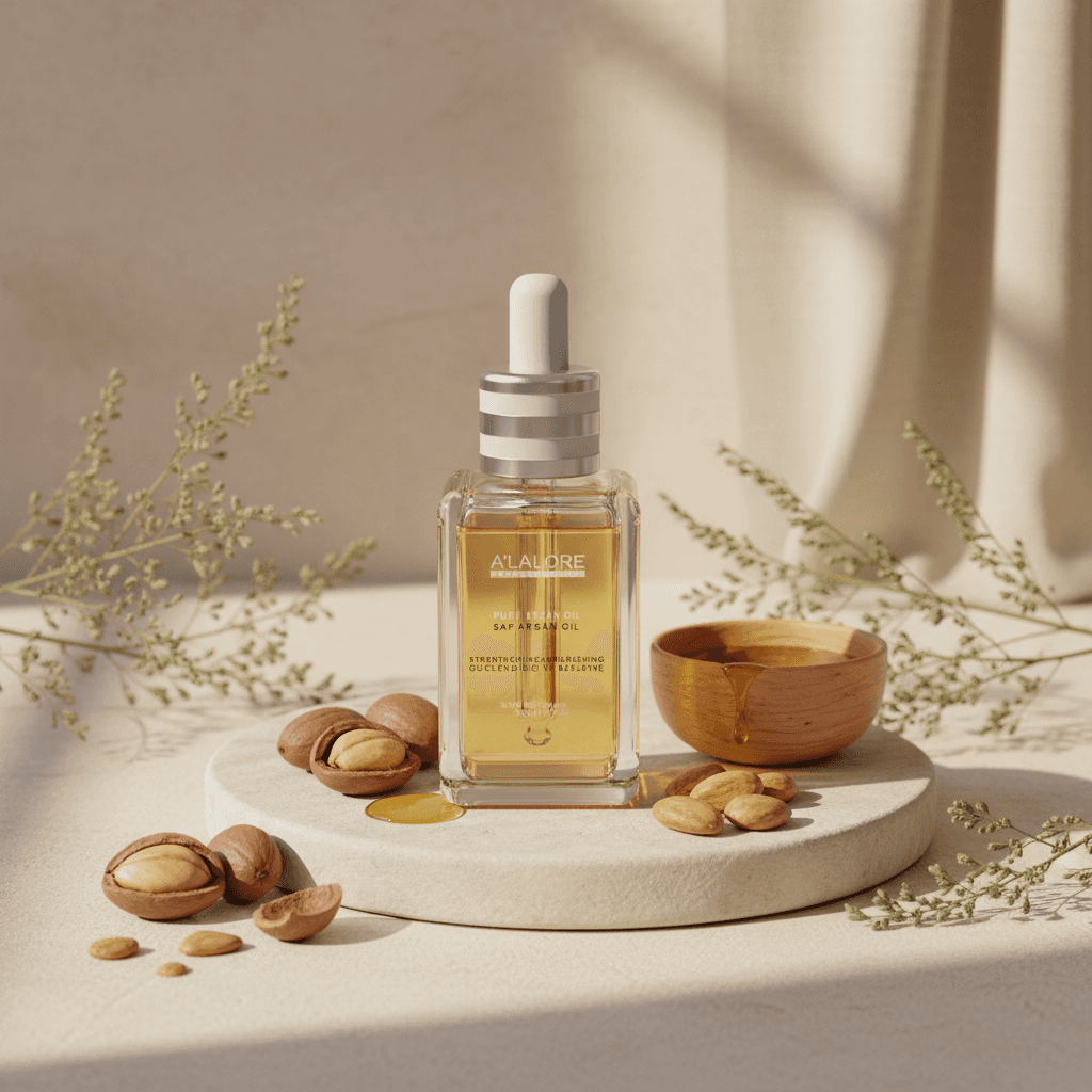Alalore markalı argan içeren doğal saç bakım yağı ve etrafında argan fındıkları