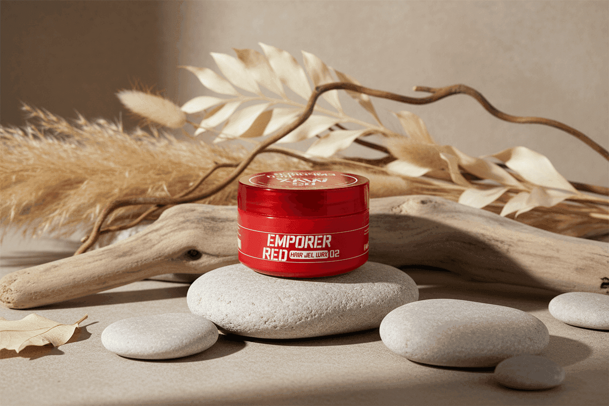 Alalore doğal parlak saç jeli kırmızı kutuda taşların üzerinde ve dekoratif kuru yapraklarla