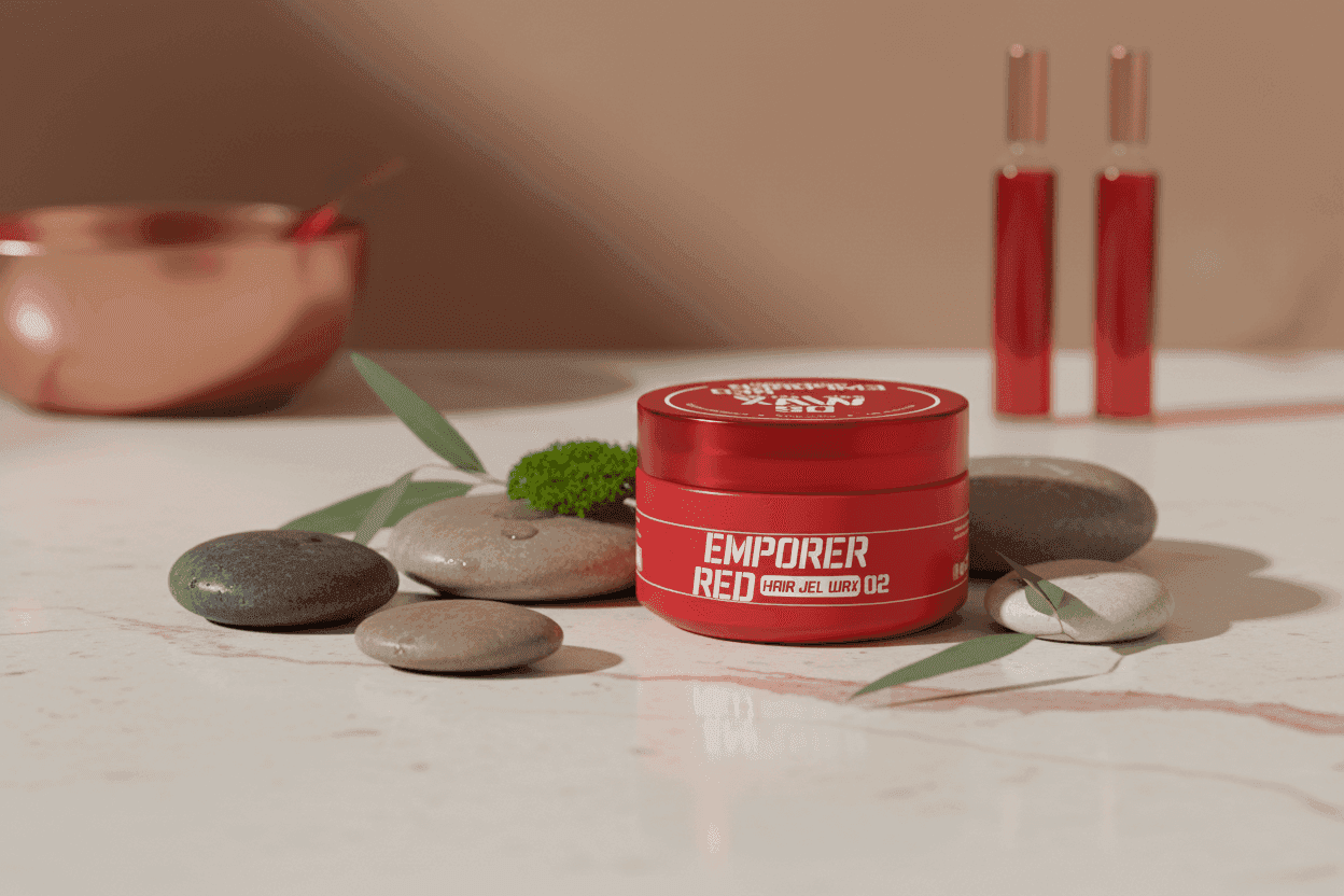 Alalore doğal parlak saç jeli kırmızı kapta beyaz mermer üzerinde taşlar ve yeşil yapraklarla