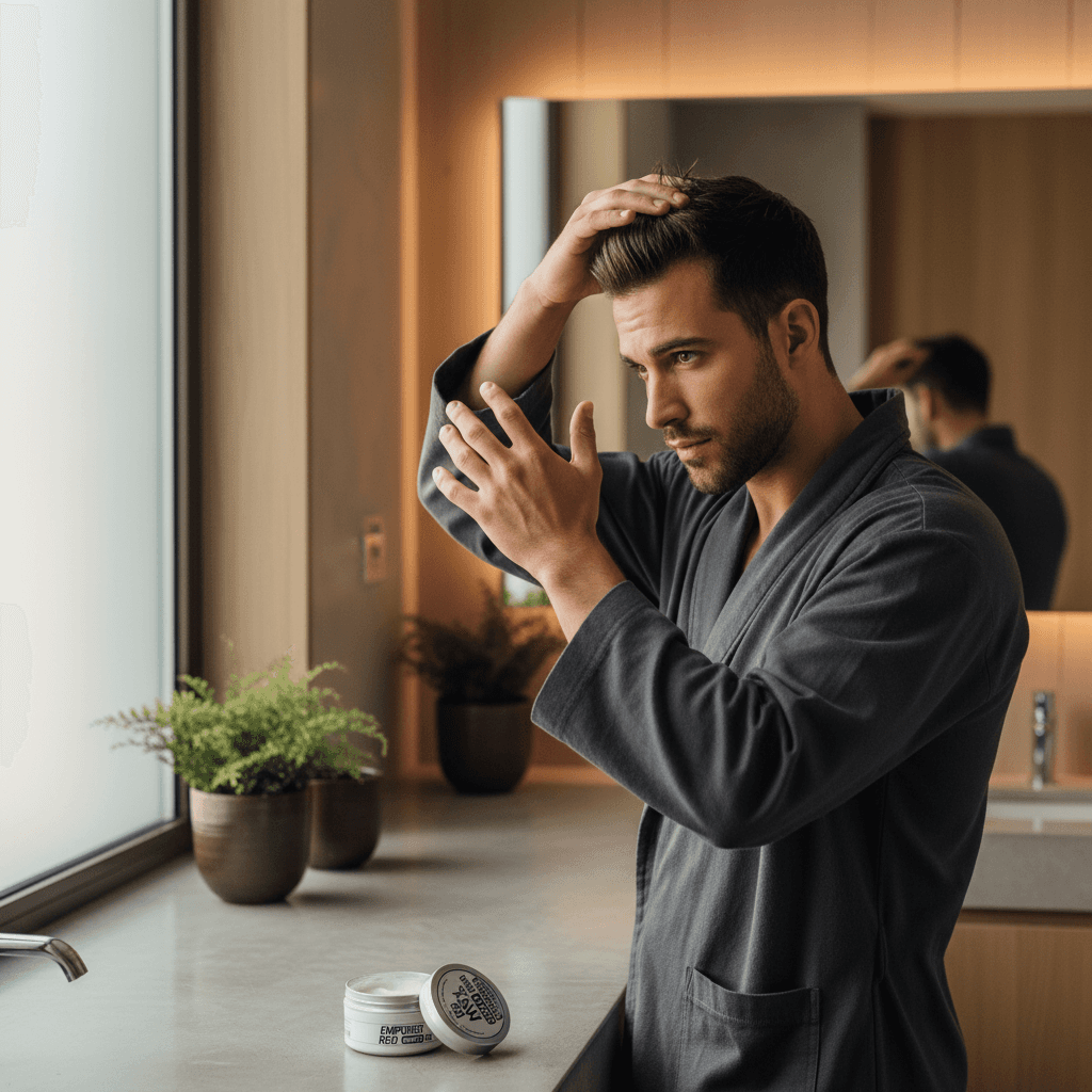 Alalore marka mat wax ile saçını şekillendiren banyo önlüğü giymiş adam