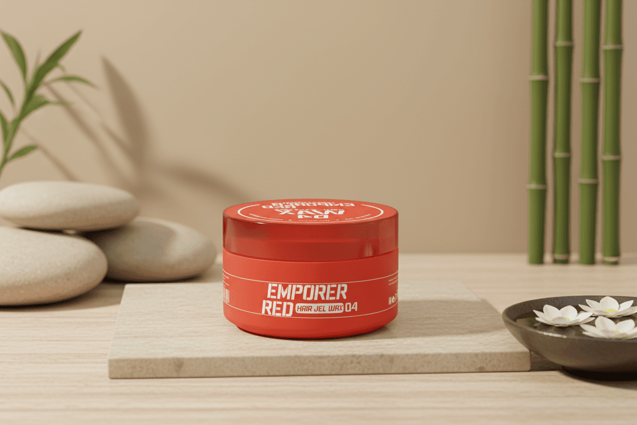 Alalore Emporer Red saç sabitleyici ultra sert jel wax kırmızı kutuda doğal arka planda