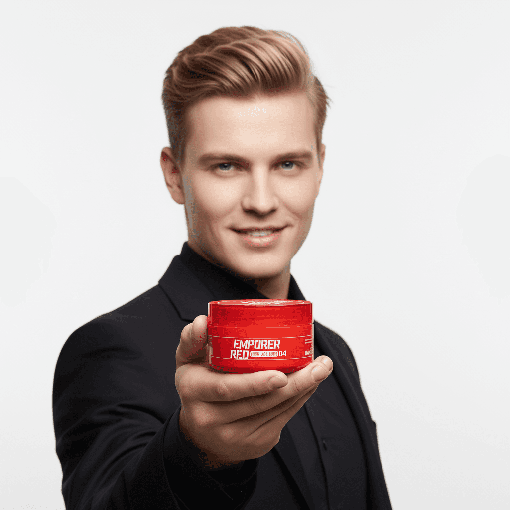 Alalore Saç Sabitleyici Ultra Sert Jel Wax içeren kırmızı kutuyu tutan siyah takım elbiseli erkek