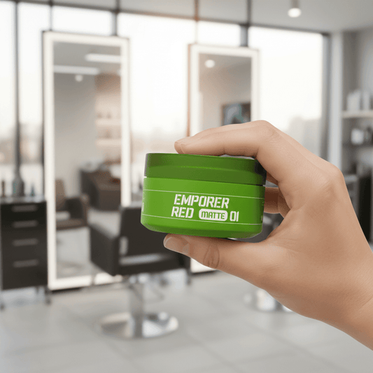 EMPORER RED markalı saç şekillendirici mat wax yeşil kutuda kuaför salonunda elde tutuluyor
