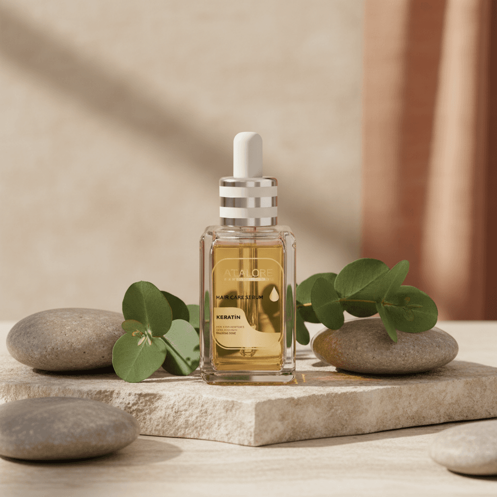 Alalore markalı doğal taşlar arasında sergilenen keratin saç serumu şişesi ve yeşil yapraklar
