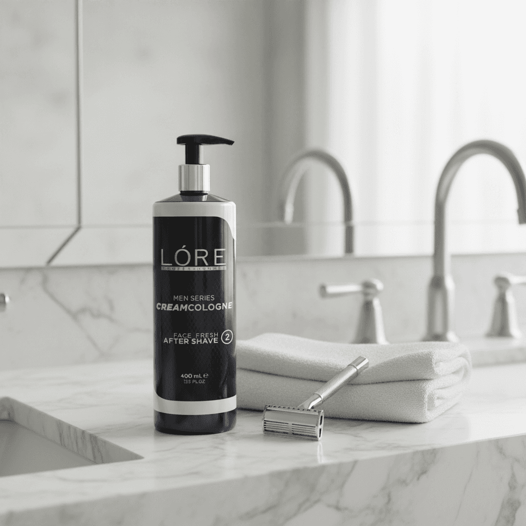 Alalore markalı krem kolonya şişesi banyoda beyaz havlu ve tıraş jileti yanında duruyor