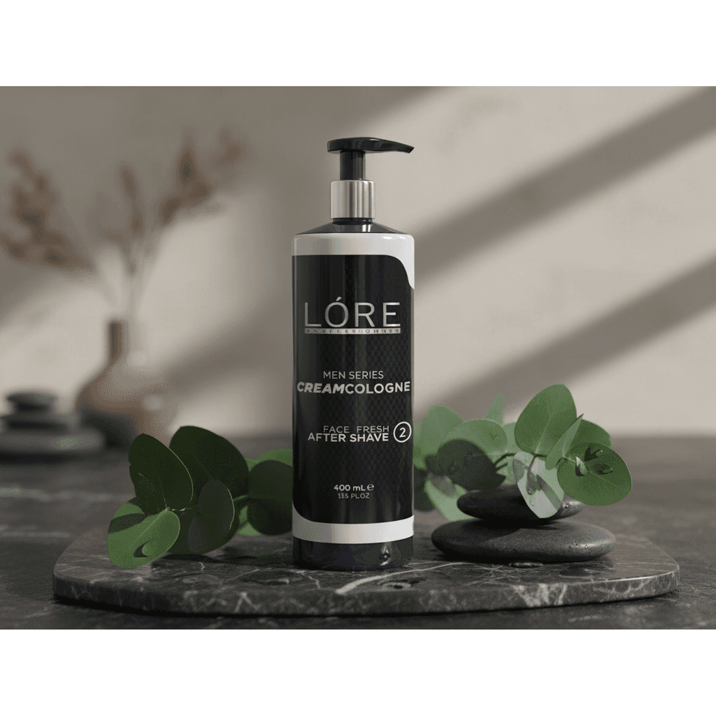 Alalore markalı krem kolonya şişesi siyah beyaz tasarım ve doğal yeşil yapraklar ile