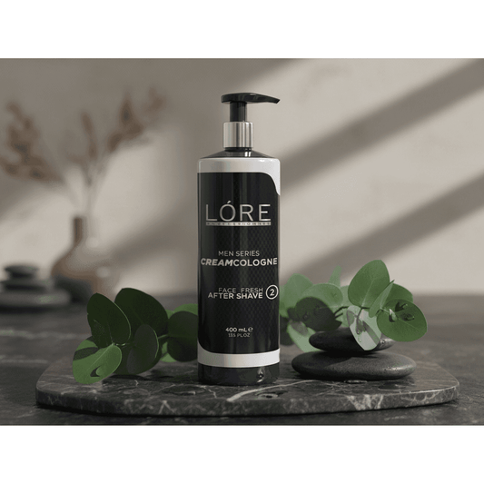 Alalore markalı krem kolonya şişesi siyah beyaz tasarım ve doğal yeşil yapraklar ile