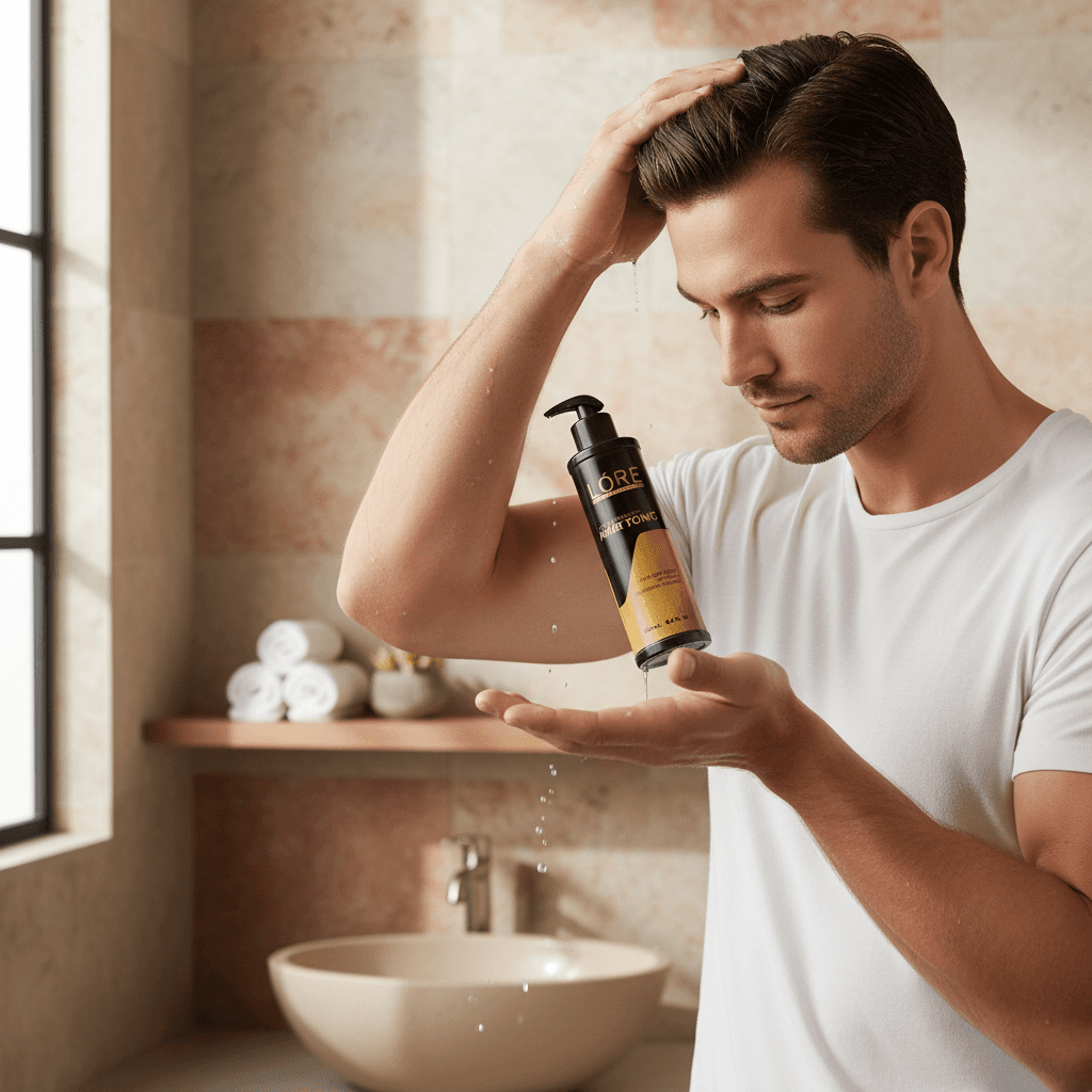 Alalore Saç Toniği Kepek Karşı Etkili ürünü ile saçına bakım yapan erkek