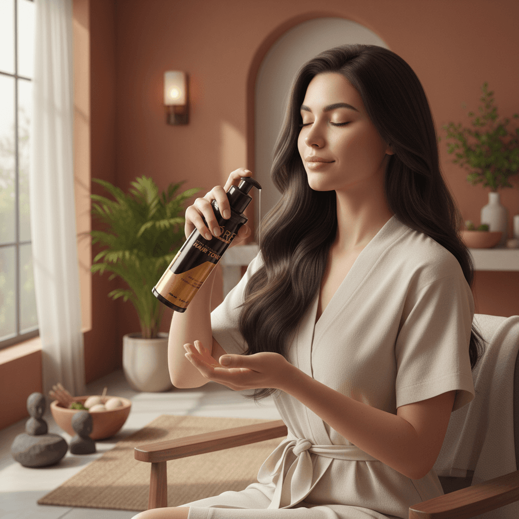 Alalore Saç Toniği Kepek Karşı Etkili sprey şişesini kullanan rahatlayan kadın