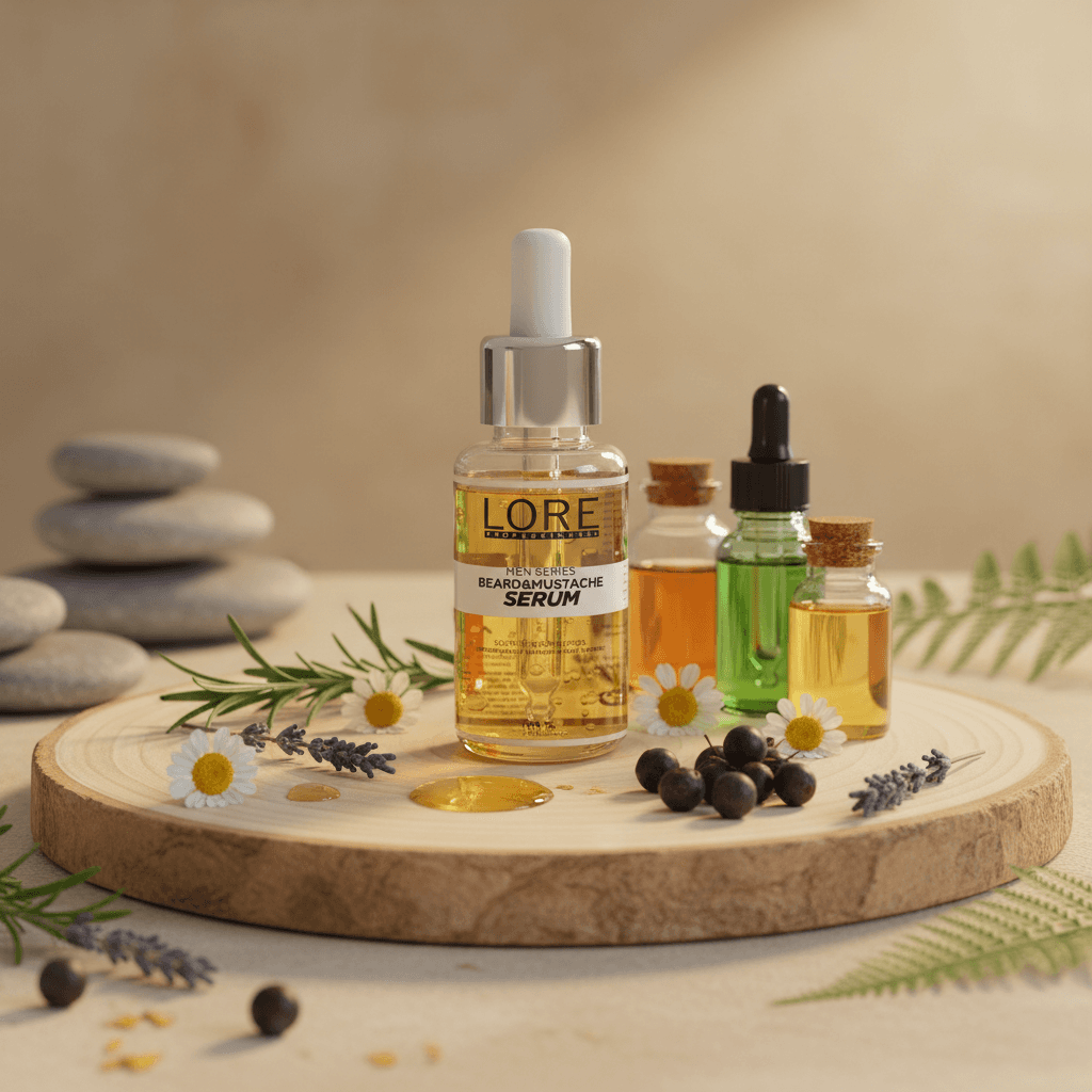 Alalore markalı doğal içerikli sakal serumu şişesi ve etrafta bitkisel malzemelerle birlikte ahşap platformda